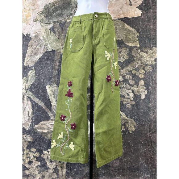 New We The Free Wide Leg Army Green Winter Bloom Embroidered Floral Jeans Sz 24 - Picture 7 of 9
